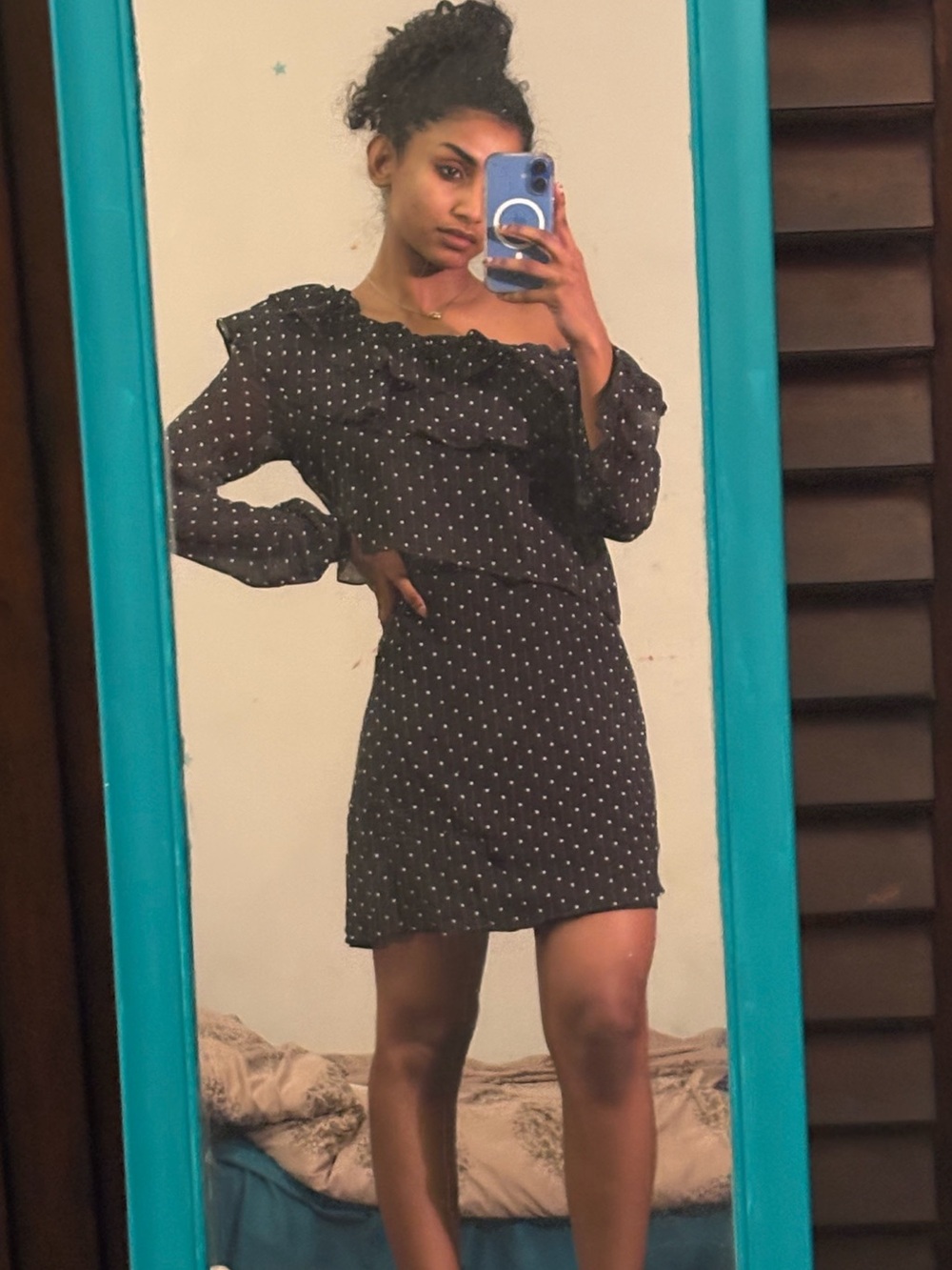 INTERMIX Black Mini Dress with White Polka Dots and Ruffle Detail
